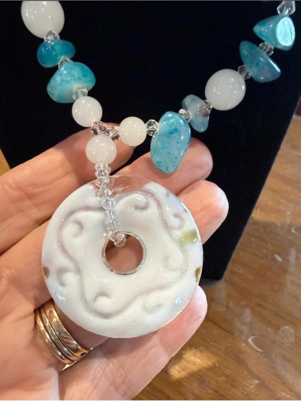 Turquoise & White Beaded Pendant Necklace - Unbranded